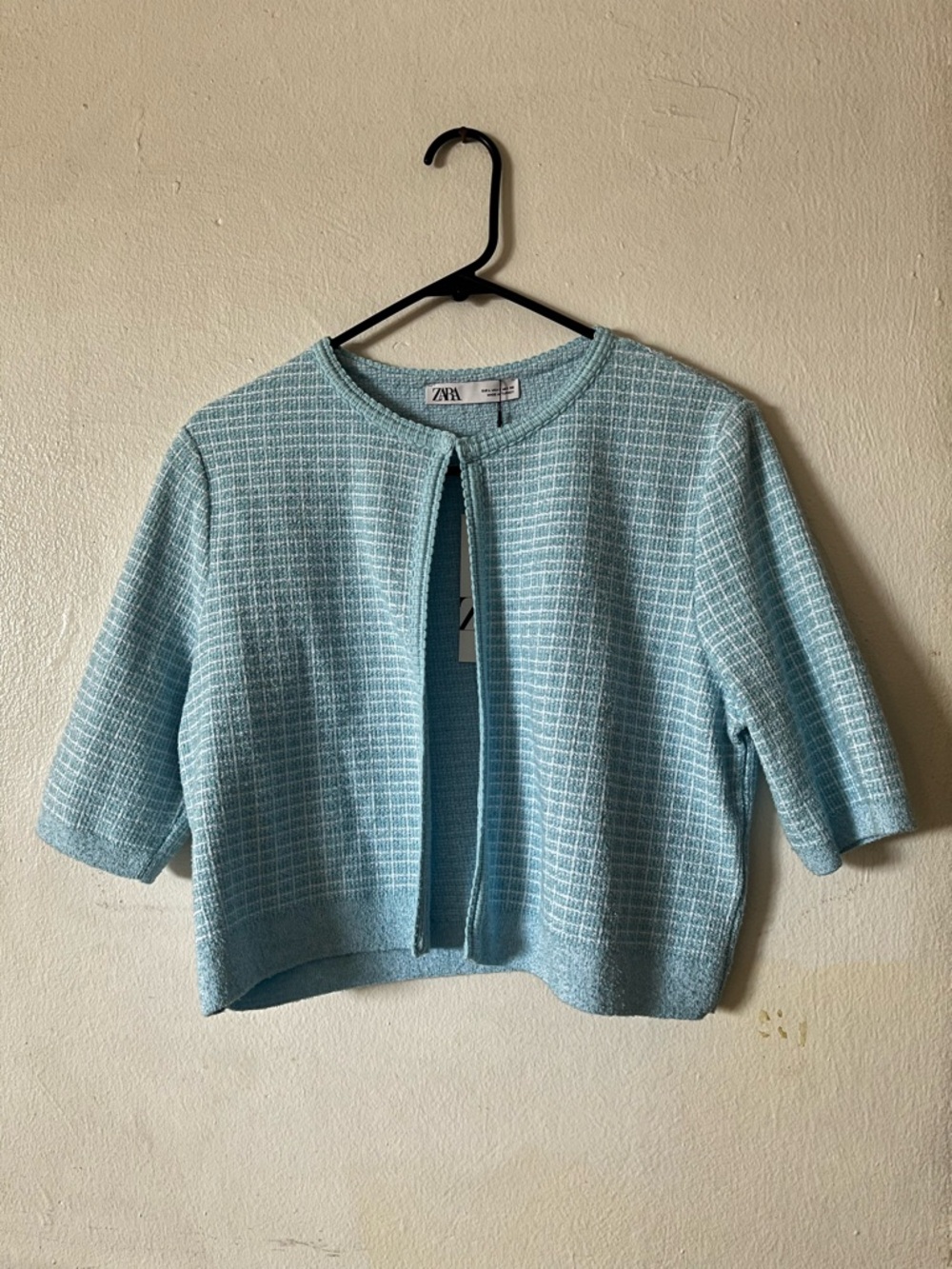 Zara Pastel Blue Cropped Open-Front Knit Cardigan